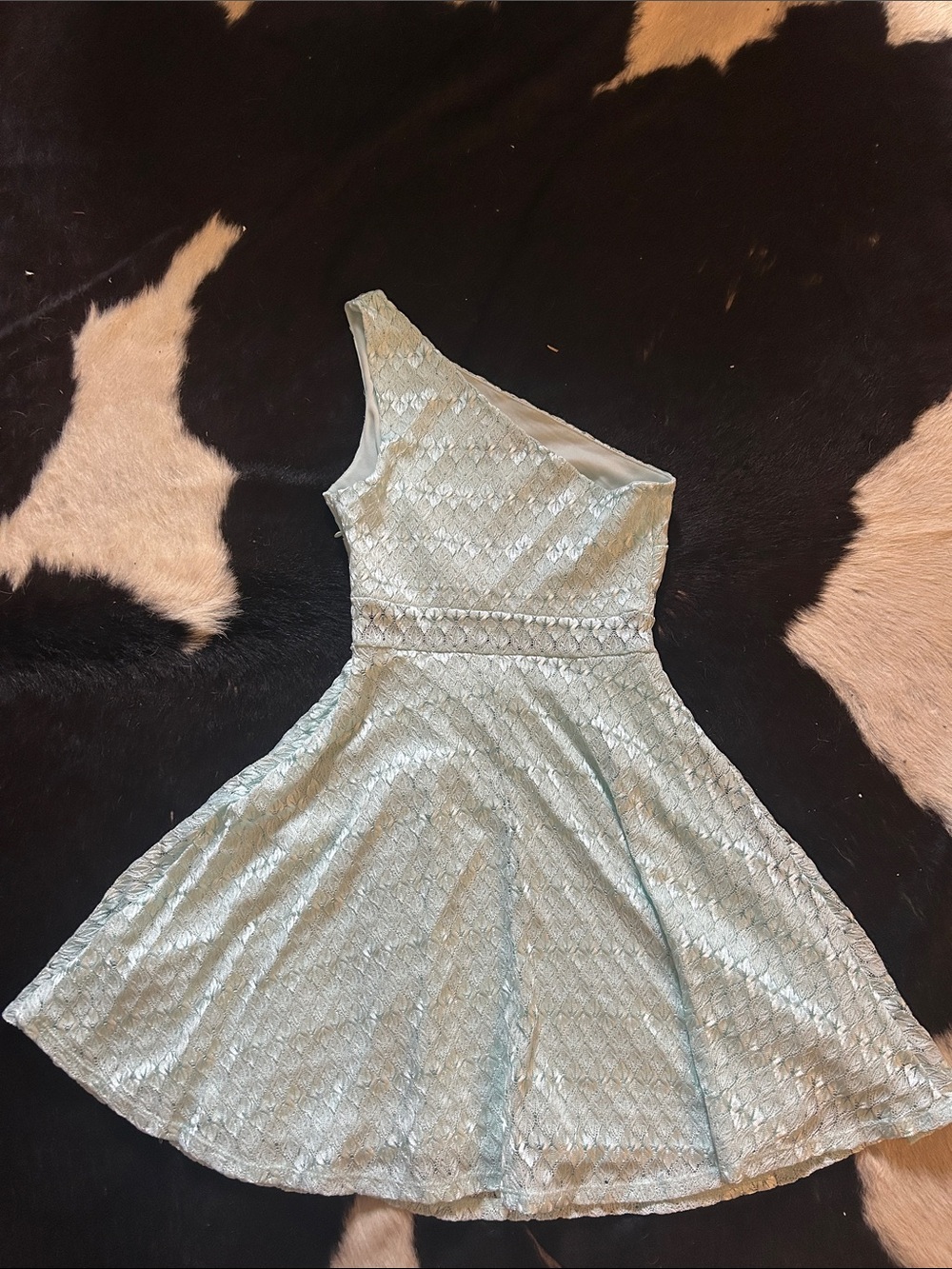Light Blue One-Shoulder Lace Fit & Flare Dress